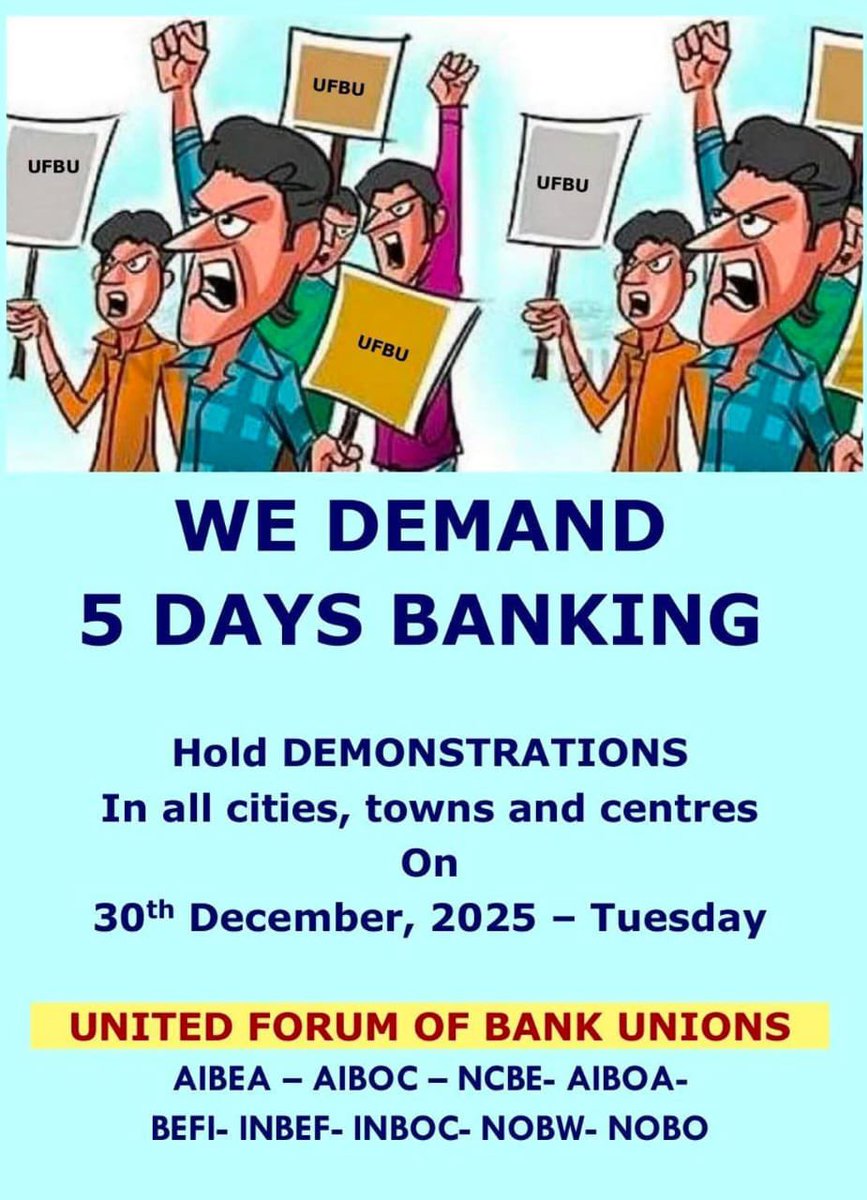 RedSaluteIn's tweet photo. Five Days Banking Is About Health, Not Holidays

After years of extended hours and rising workloads, bank employees deserve a structured workweek. UFBU’s call for demonstrations on 30 Dec 2025 is a demand for humane banking, not a privilege.
#5daysbanking https://t.co/btQcnBd1MT