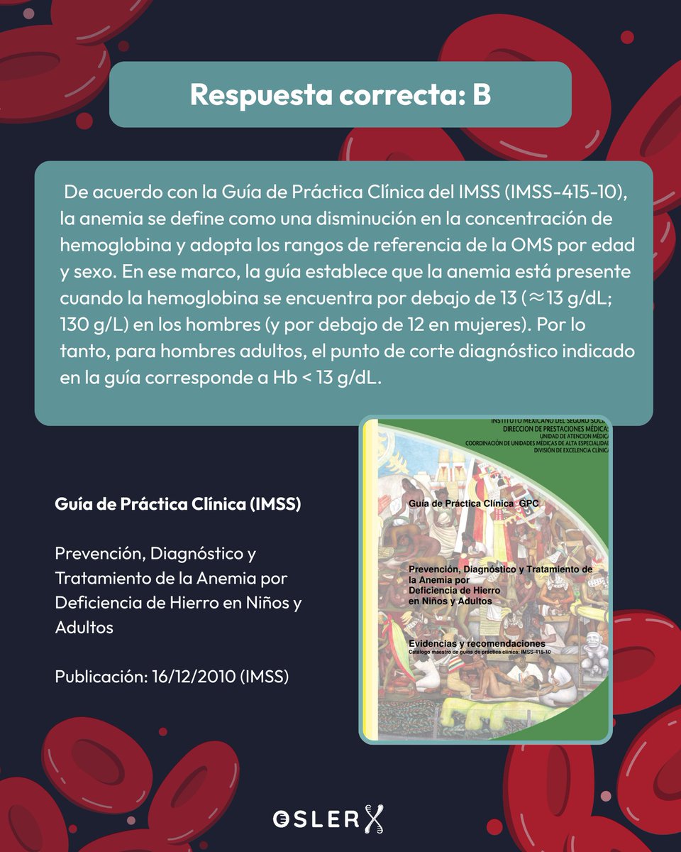 oslerx42's tweet photo. ENARM 🩸: Anemia en hombres adultos (OMS/GPC) = ✅ Hb < 13 g/dL (130 g/L).
En mujeres: Hb < 12 g/dL.
¿A/B/C/D? 👇 #ENARM #OslerX https://t.co/KmgwhHSKnf