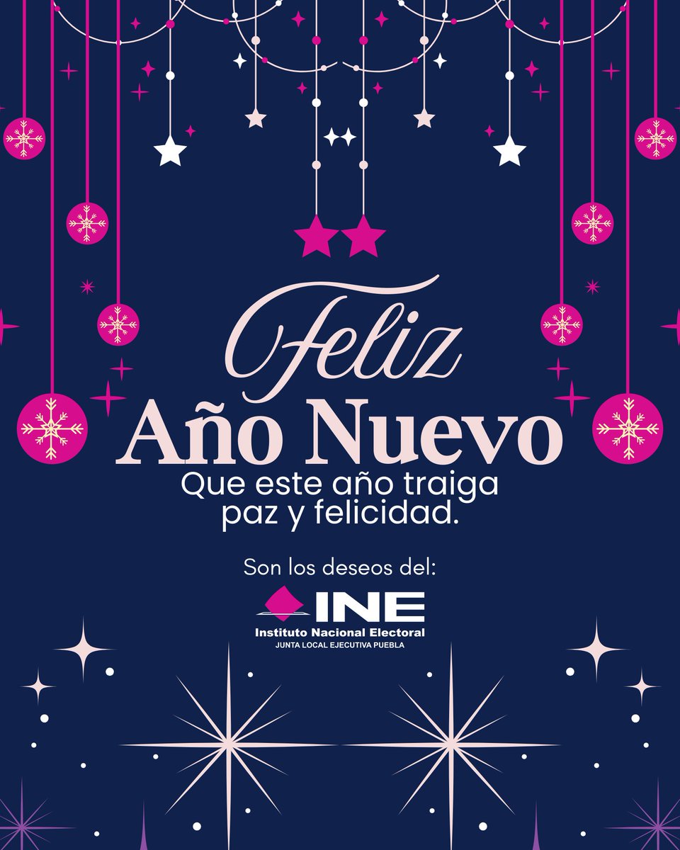 INE_PUEBLA's tweet image. ✨A unas horas de iniciar un nuevo año, en el #INEPuebla agradecemos la confianza y participación de las y los ciudadanos. Que 2026 llegue con salud, diálogo, paz y oportunidades para seguir fortaleciendo la vida democrática.

Les deseamos un año lleno de logros y bienestar🙌