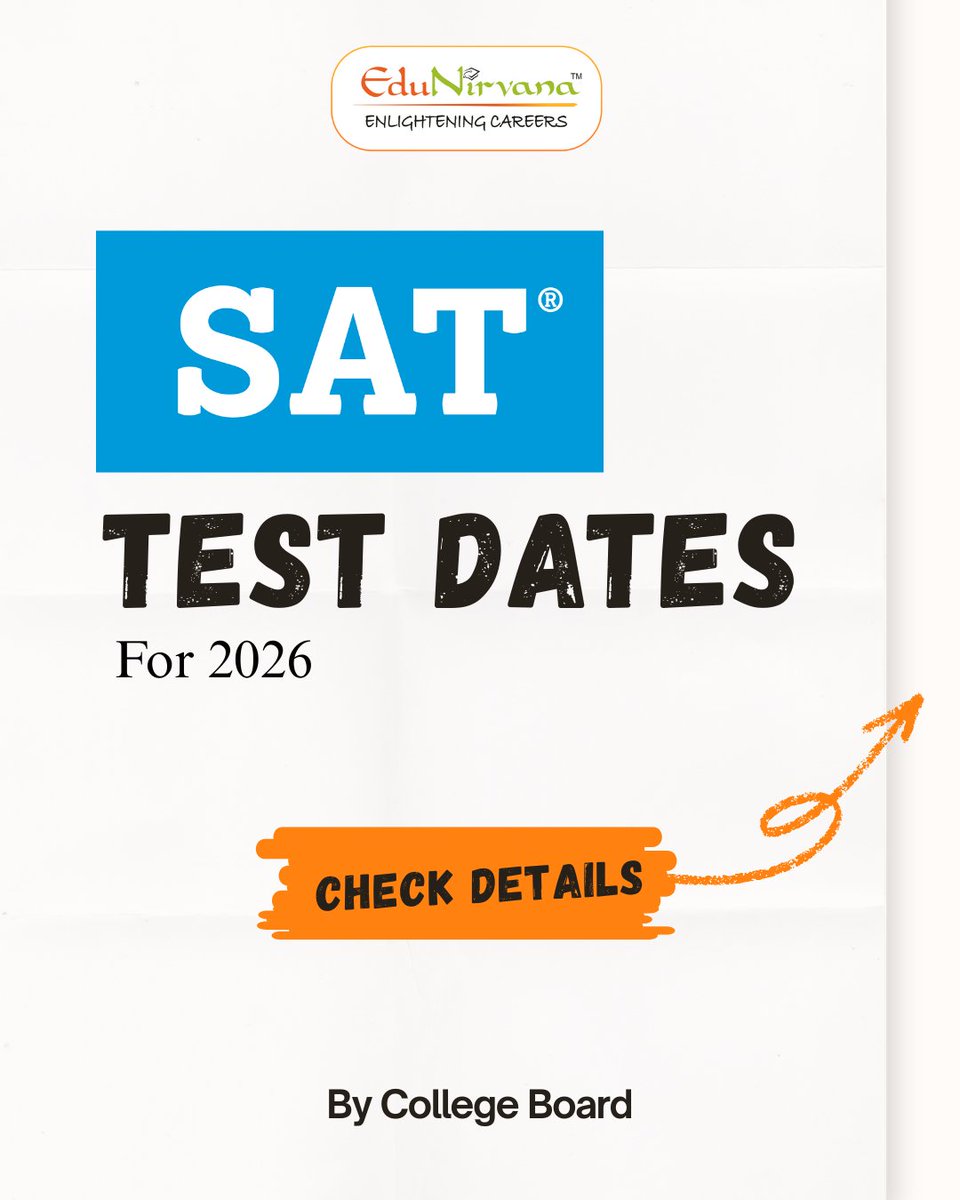 EduNirvana_in's tweet photo. SAT Exam Dates 2026 are here.
Start your SAT prep with @EduNirvana_in and take the first step toward your study abroad journey.
Book your FREE SAT demo now!
💬 DM us ‘SAT’
📞 8518001717 | 7049711187
#edunirvana #studyabroad #sat2026 #satexam https://t.co/yaQH377t4Q