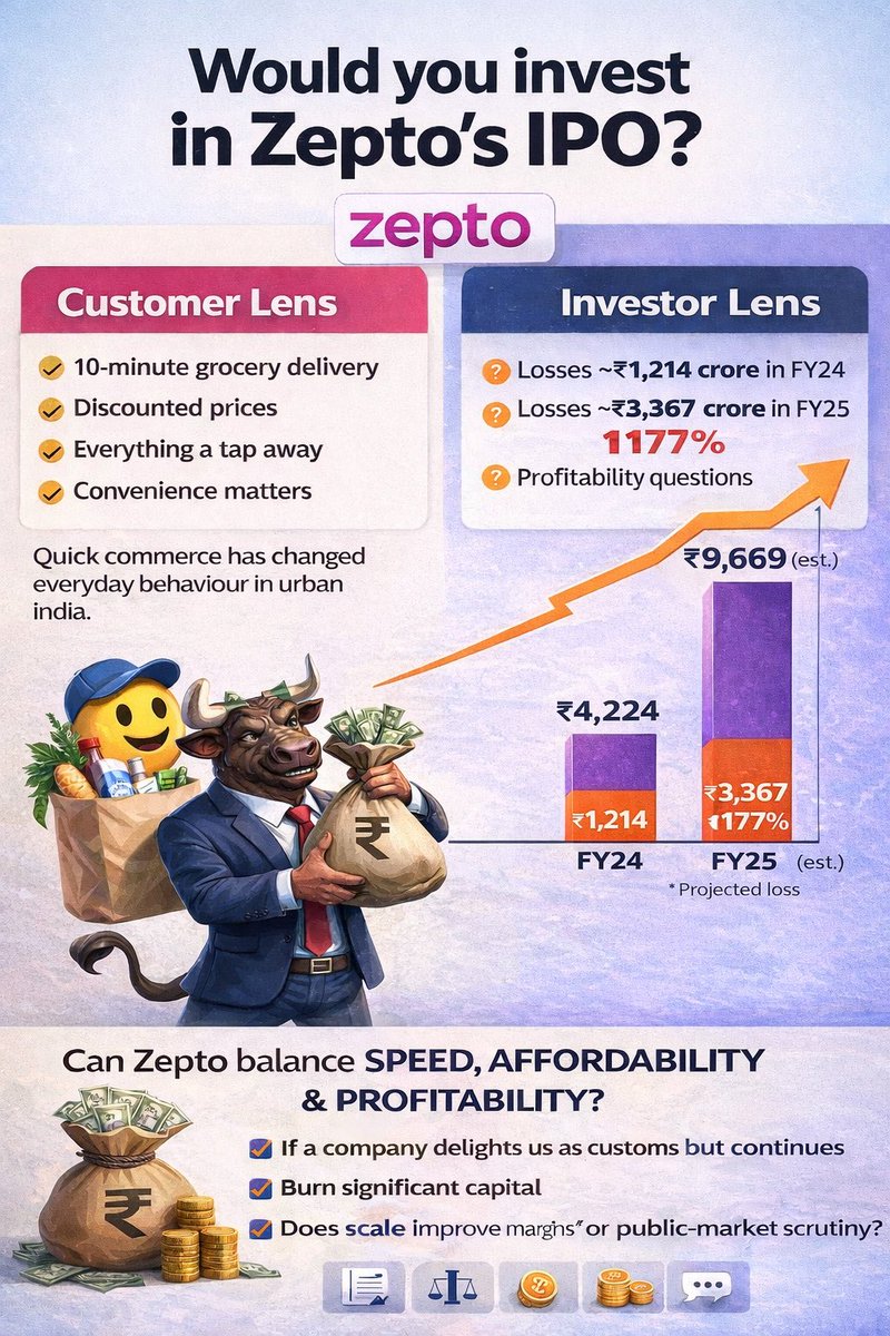 _JigneshRPatel's tweet photo. As a customer of Zepto, would you invest in its IPO?

As customers, many of us love:
• Instant grocery delivery
• 10-minute fulfilment
• Discounted prices
• “Everything is a tap away”

Quick commerce has changed urban behaviour. @ZeptoNow @letsblinkit https://t.co/PItg5vUppJ