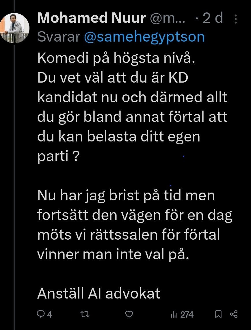samehegyptson's tweet image. I stället för att bemöta sakfrågor väljer Mohamed Nuur (ordförande i Vänsterpartiet Tensta-Rinkeby-Spånga) nu att hota mig med stämning om jag fortsätter skriva om honom.
Detta är ett klassiskt försök att tysta kritisk granskning genom juridiska hot – inte genom argument,…