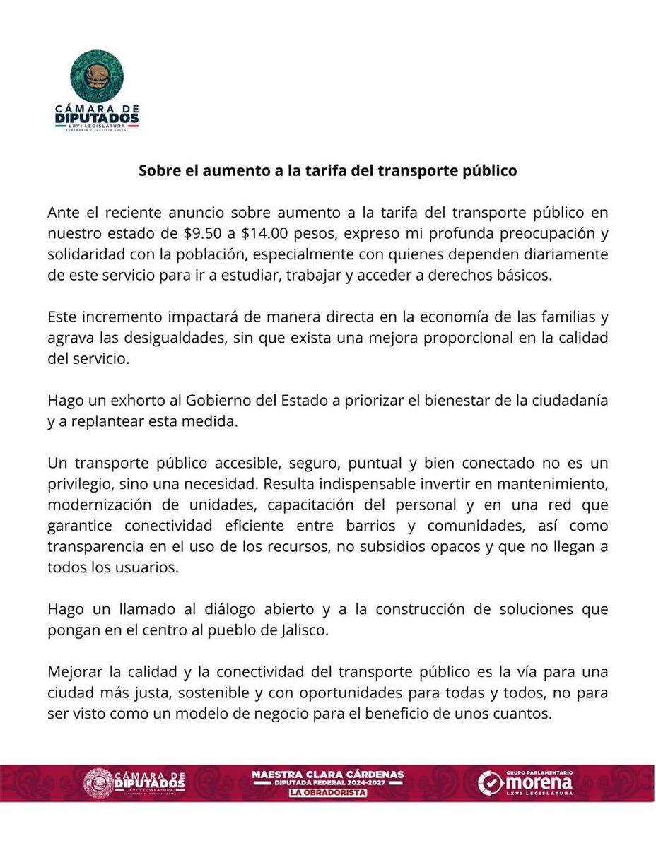 Un aumento a la tarifa del transporte público es inviable; Mala calidad, es excluyente y carece de conectividad. El subsidio sin transparencia, pagado con impuestos de los jaliscienses y que no beneficia a todos.  El Gobernador debe centrar el bienestar del pueblo de Jalisco.