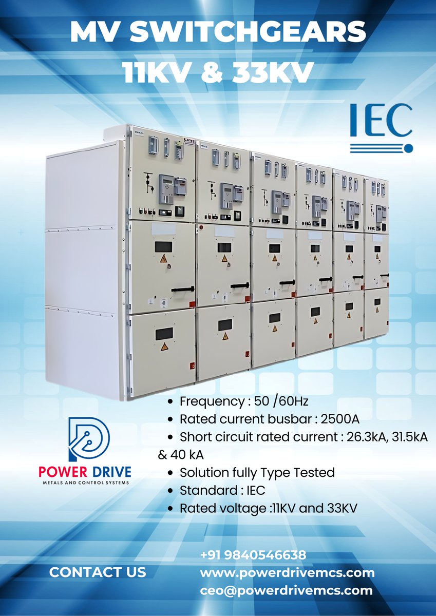 PowerDrive2020's tweet image. Power your infrastructure with confidence!
Our MV Switchgears (11kV &amp;amp; 33kV) deliver maximum safety, reliability, and performance, engineered to IEC standards and fully type tested to handle demanding industrial environments.

#MVSwitchgear #PowerDriveMCS  #PDMCS #IEC #MV #Safety