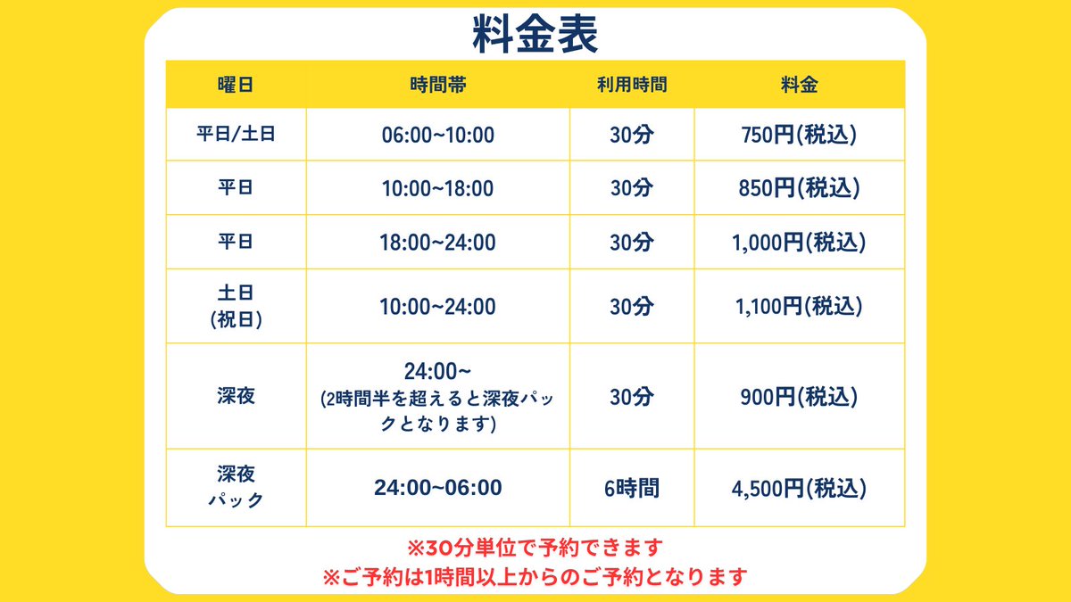 studiogoodvibe's tweet image. 〜料金表〜 

平日/土日（祝)
【06:00~10:00】 
30min 750円

 平日 
【10:00~18:00】 
30min 850円 
【18:00~24:00】 
30min 1,000円 

 土日/祝日 
【10:00~24:00】
 30min 1,100円 

 【24:00~ 】 
30min 900円 
※2時間半を超える予約は深夜パックとなります

 【24:00~06:00】
 深夜　6h 4,500円