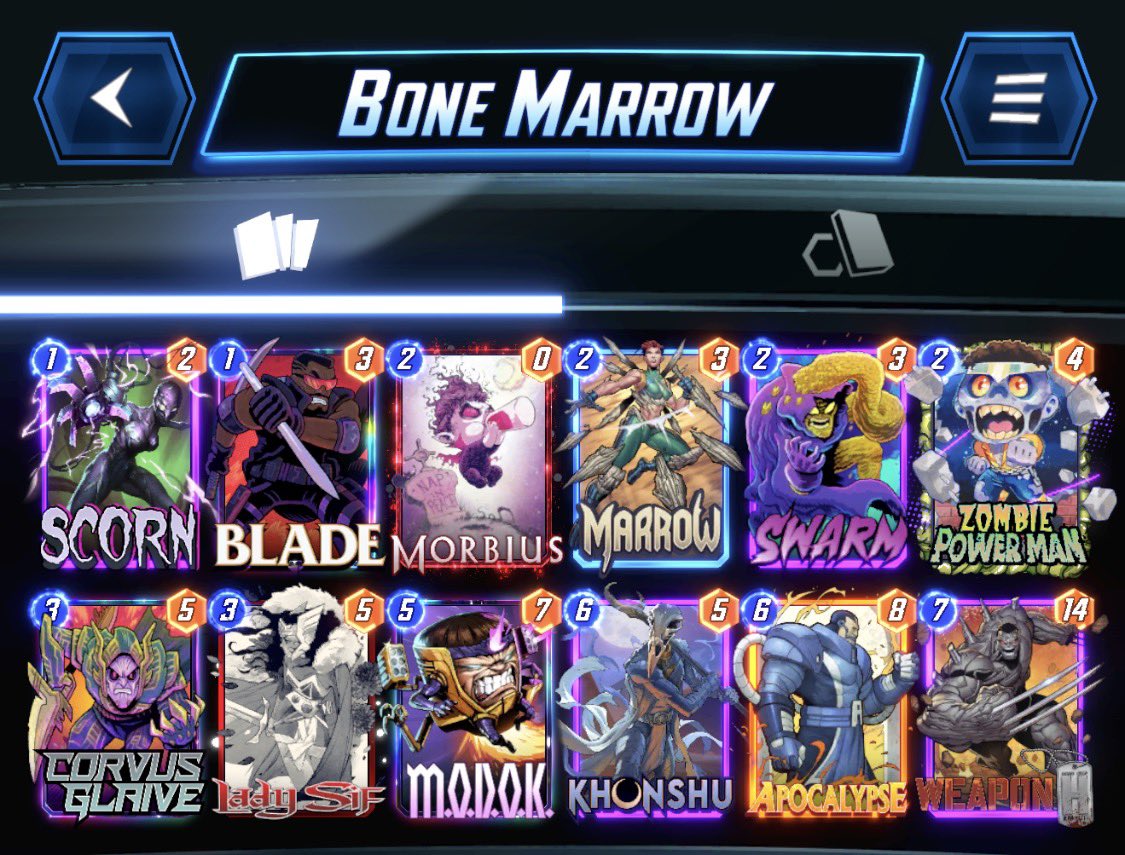 iceberg325's tweet image. @SnapDecks it’s been a while since I hit infinite. Marrow is unfair, especially when she’s discarded early. This deck is amazing.