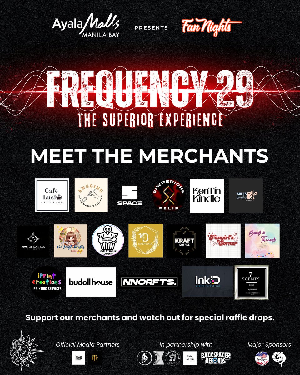 casa_sinag's tweet image. ✨Meet the Merchants of FREQUENCY 29 ✨

From coffee and treats to crafts, scents, and exclusive fan finds—our merchants are here to level up your fan night!

Show them some love, explore their booths, and don’t miss out on special raffle drops while you’re at it.  

See you at…