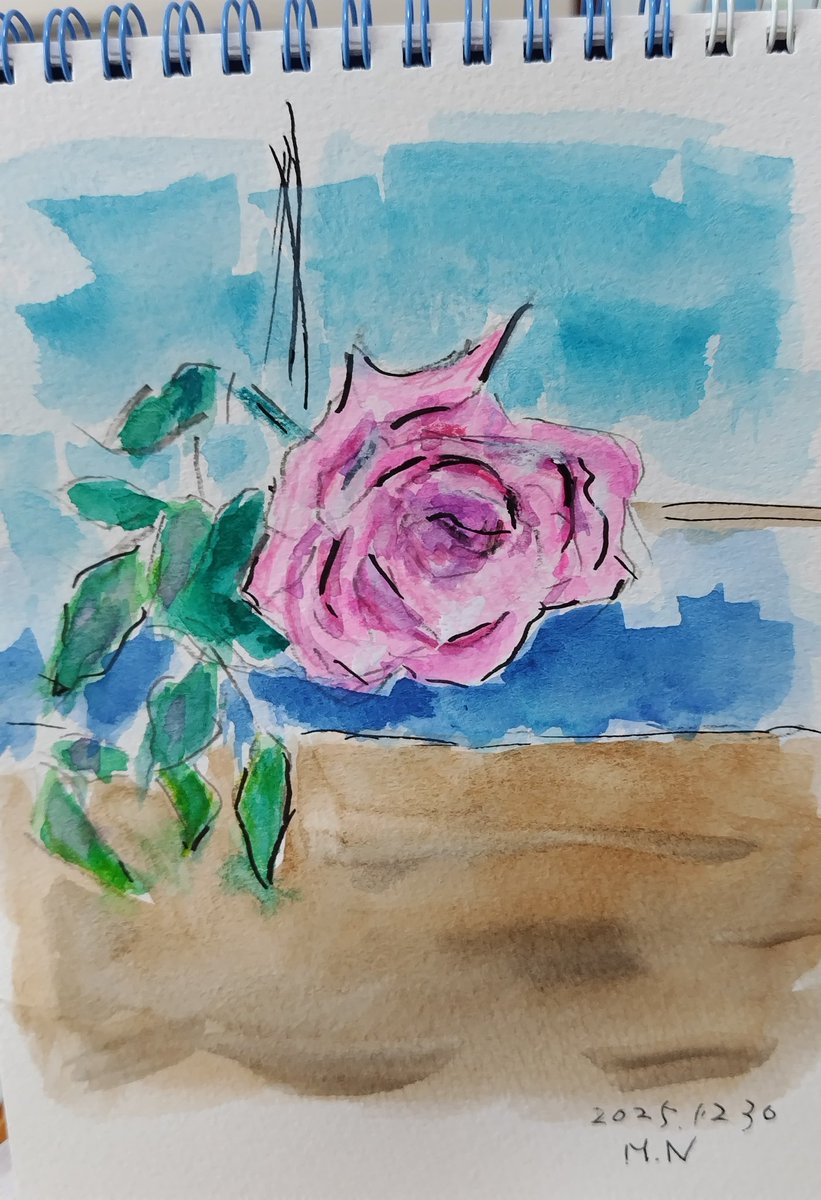 先日母親の部屋の薔薇。 2005年最後の作品です🖌️ #水彩画