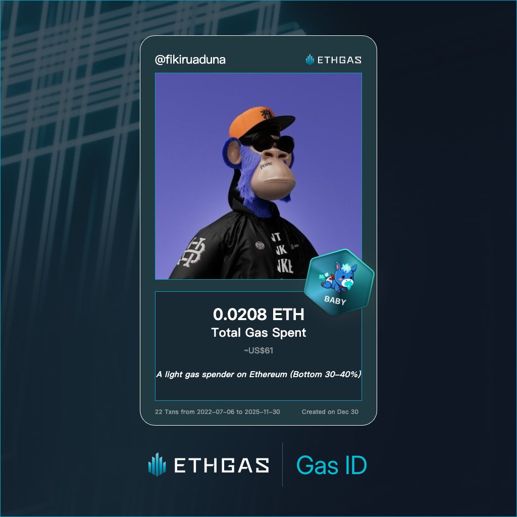 Leveled up in the Great Gas Reckoning with ETHGas! 💪

Baby Jack status: 0.0208 ETH gas spent, 4 Beans earned—supporting the Gasless Future!

Claim your Gas ID at ethgas.com/community/gas-…