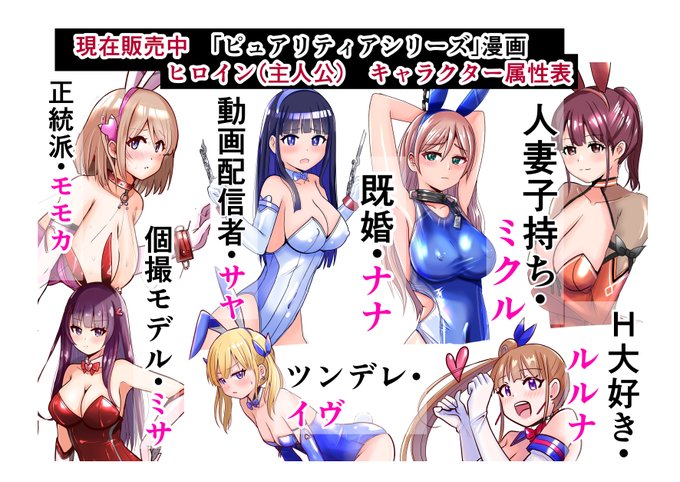 「バニーピュアリティア」「ハニーピュアリティア」
の販売中漫画(DLsite様・FANZA様)の
属性早見表を作ってみました🥳

年末年始 自分の好きな属性の1冊を
よければご検討くださいませ～ 