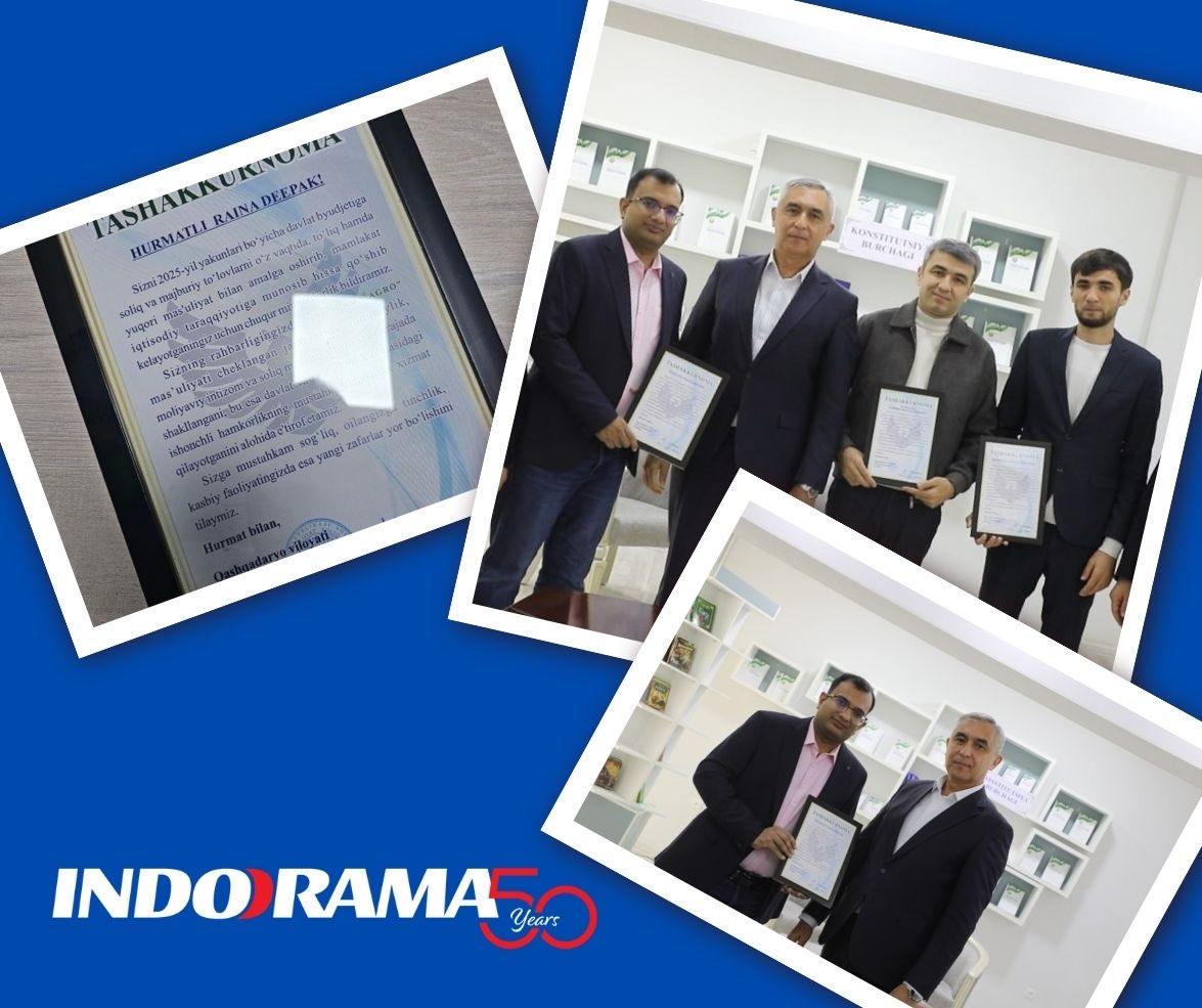IndoramaAgro's tweet photo. 🏆 Honored to receive a Certificate of Appreciation from the Qashqadaryo Regional Tax Administration for our responsible and timely fulfillment of tax obligations in 2025.
This recognition reflects Indorama Agro’s commitment to transparency, compliance, and sustainable growth. https://t.co/7LdpSXI5BX
