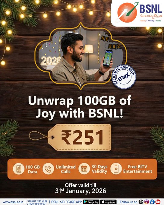bsnl_ap_circle's tweet photo. Unwrap 100GB data, unlimited calls & free BiTV with 30 days validity at just βΉ251.
Value-packed plan for seamless digital experience.
Recharge smart via #BReX π https://t.co/f8OlvSla9c
#BSNL #BSNLRechargePlan #BSNLOffer #FestiveOffer #SwadeshiNetwork #DigitalBharat #BSNLAP https://t.co/IDzmF6Mw7H