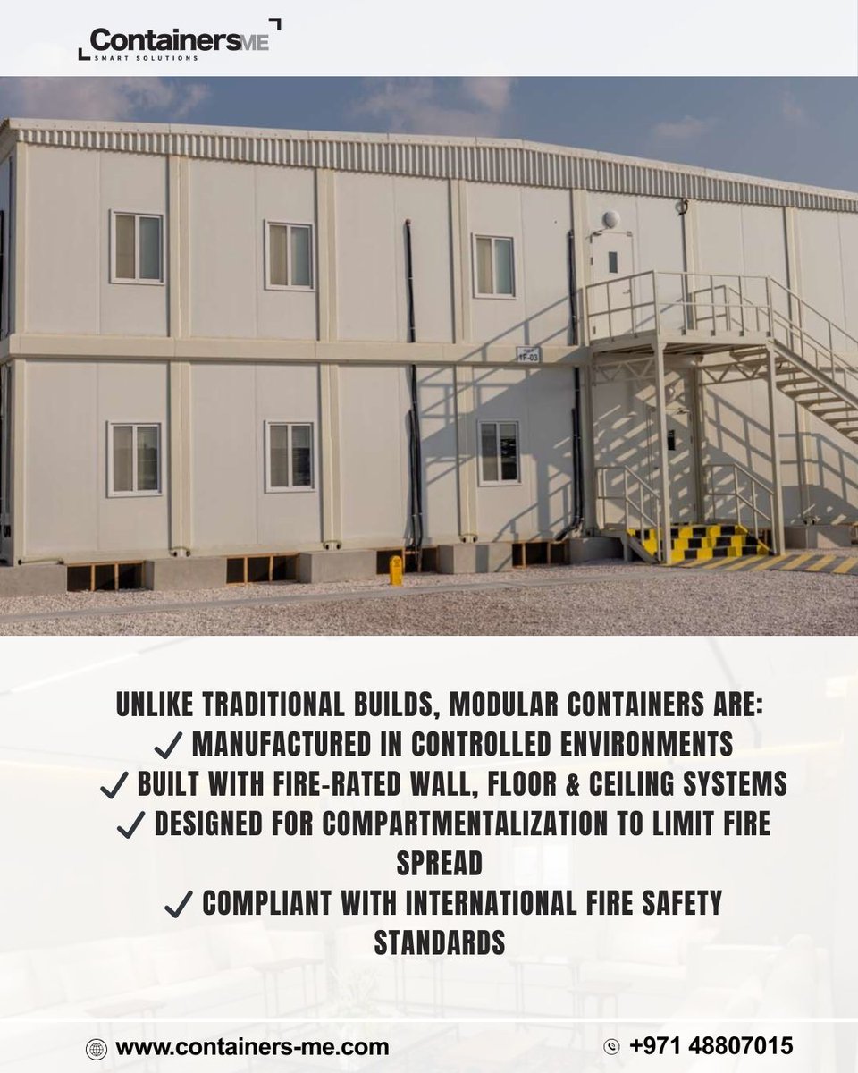 Containers_me's tweet image. Why Is Fire Performance in Modular Containers More Reliable?

✅ Certified fire-rated panels (30–90 min)
✅ Low-smoke, zero-halogen insulation
✅ Controlled flame spread &amp;amp; heat transfer

Faster approvals &amp;amp; safer buildings.

#modularcontainers #firerated #prefab #construction