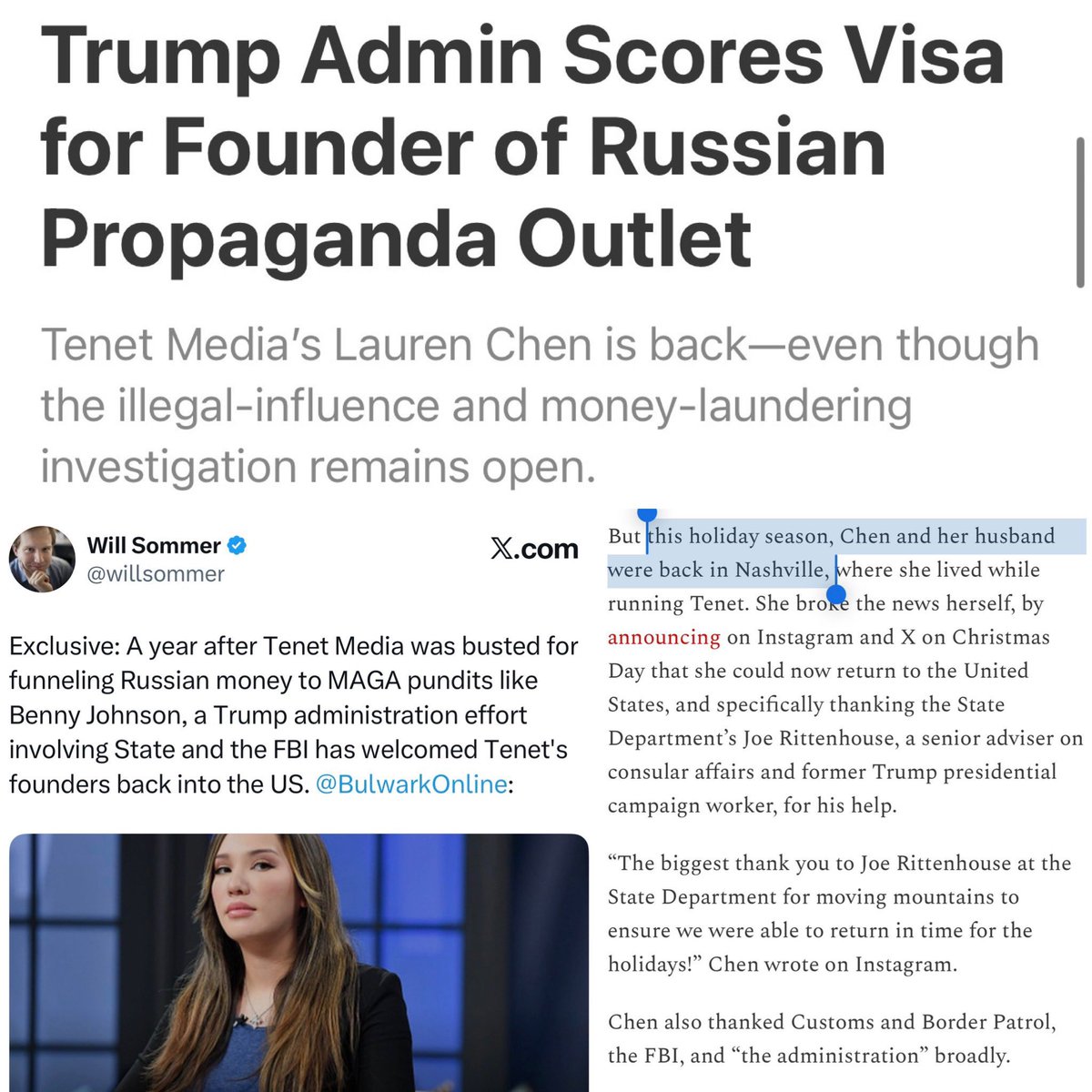 特朗普政府为俄罗斯宣传机构创始人重新发放了签证……Tenet Media 的Lauren Chen 重返纳什维尔——尽管对他们的非法影响和洗钱调查仍在进行中。”  （来自@willsommer @BulwarkOnline ） https://t.co/GNg6ZZpi9A…