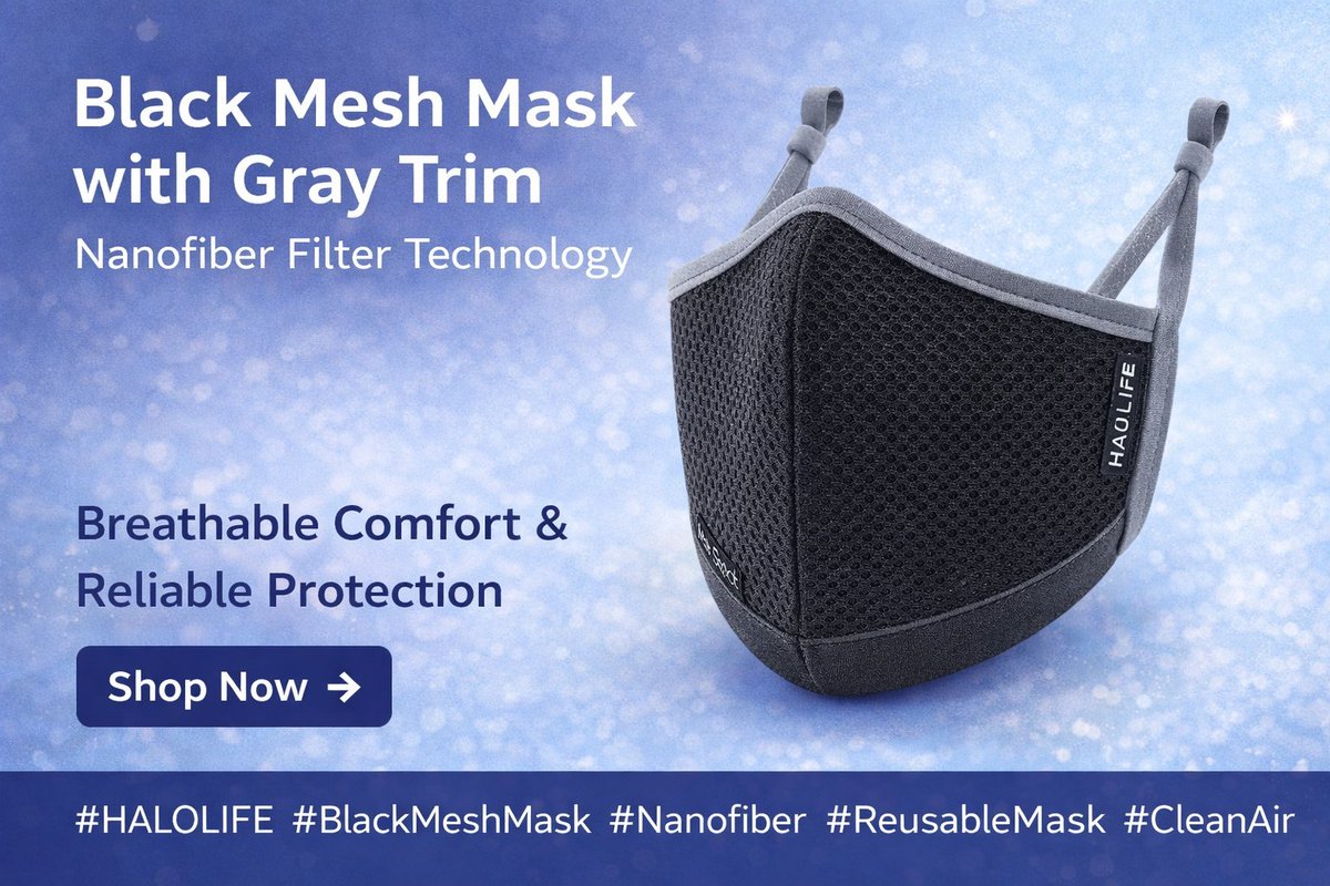 MyHaloLife's tweet image. Clean look. Breathable feel.

The Black Mesh Mask with Nanofiber Filter Technology is built for everyday comfort and reliable protection — perfect for work, travel, and daily life.
👉 halolife.io/products/black…

#HALOLIFE #CleanAir #ReusableMask #Nanofiber #BreathableMask