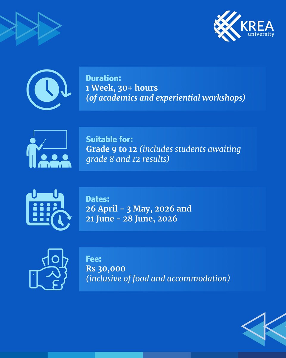kreauniversity's tweet photo. Krea Summer School (KSS) 2026 is a week-long, immersive residential programme for high school students (Grades 9–12), offering exposure to academic fields beyond the school curriculum. Registrations are now open.
#KSS2026 #KreaSummerSchool #SummerSchool https://t.co/2xREyVQA88