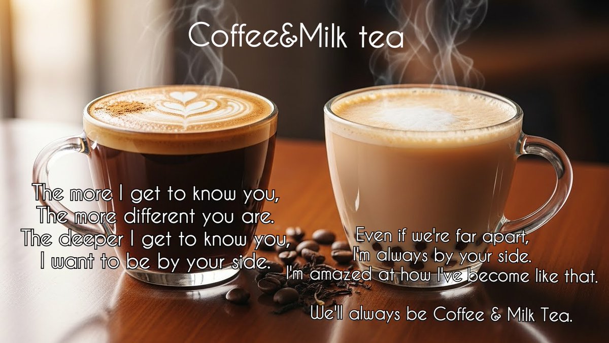 🪽Coffee&amp;Milk tea🪽

あなたはCoffee
私はMilk tea
何度トライしても
私はMilk tea

知れば知るほど
違ってます
深く知れば
そばにいたくなります

遠くにいても
そばにいます
そんな風になる
自分に驚きます

いつまでも
Coffee&amp;Milk teaなふたりです