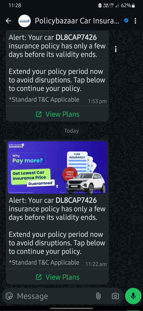 imyash101's tweet photo. I am receiving below message from @policybazaar repeatedly but the given car is not mine. I'm unable to understand the fraud is being done.
If anyone has any idea please let me know
#policyBazaar #InsuranceAgent #fraud https://t.co/rnNZpjUkhh