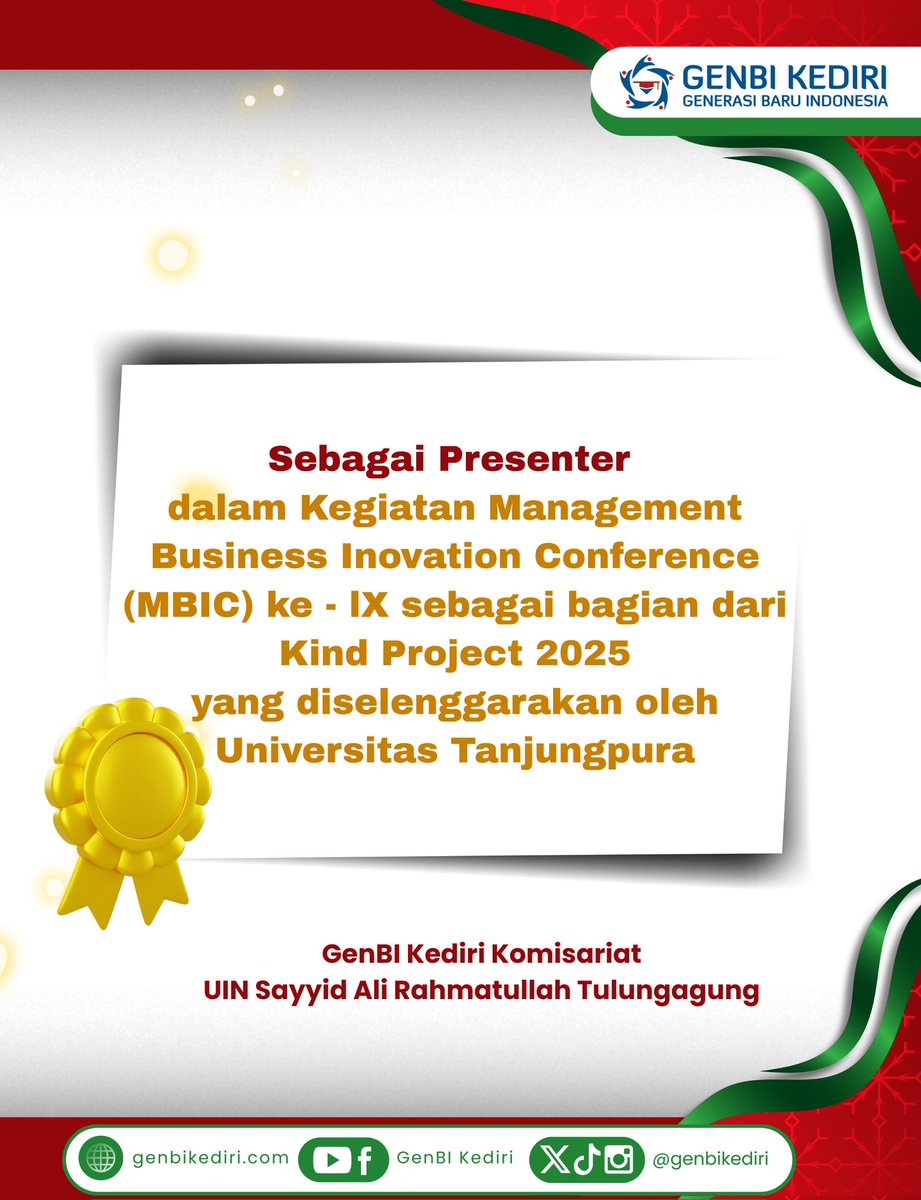 genbikediri's tweet photo. *🏅[[ GenBI Kediri Berprestasi]]🏅* 

GenBI Kediri Komisariat UIN Sayyid Ali Rahmatullah Tulungagung mengucapkan selamat atas prestasi yang telah diraih oleh:

*1. M. Nizarul Asror*
*2. Lailatul Nadia Permata Putri*
(Anggota Divisi Education and Human Resource) https://t.co/k82gjxzql0