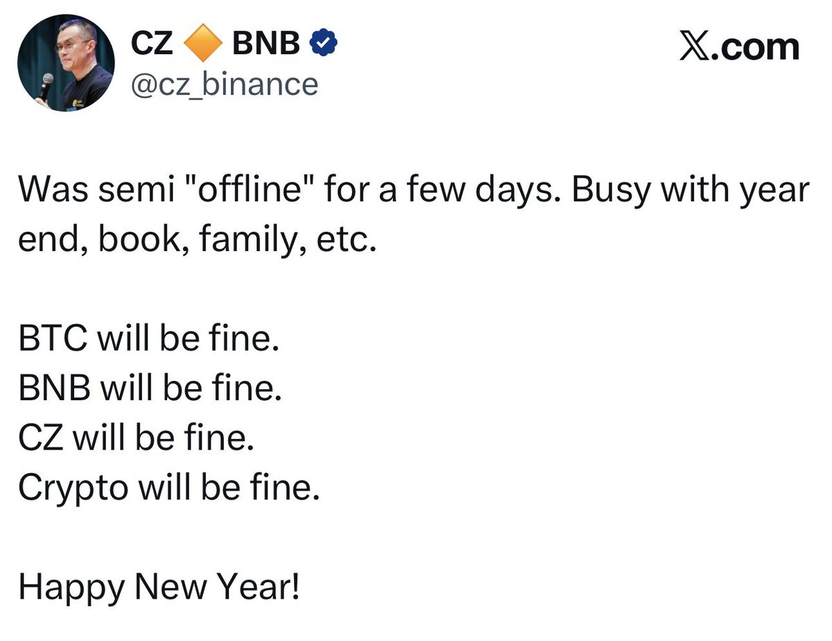 🚨소식🚨 바이낸스 거래소 창업자 CZ 비트코인은 괜찮을 겁니다. BNB는 괜찮을 거예요. CZ는 괜찮을 거예요. 암호화폐는 괜찮을  겁니다. 새해 복 많이 받으세요! 알트코인도 괜찮은 가요?👀