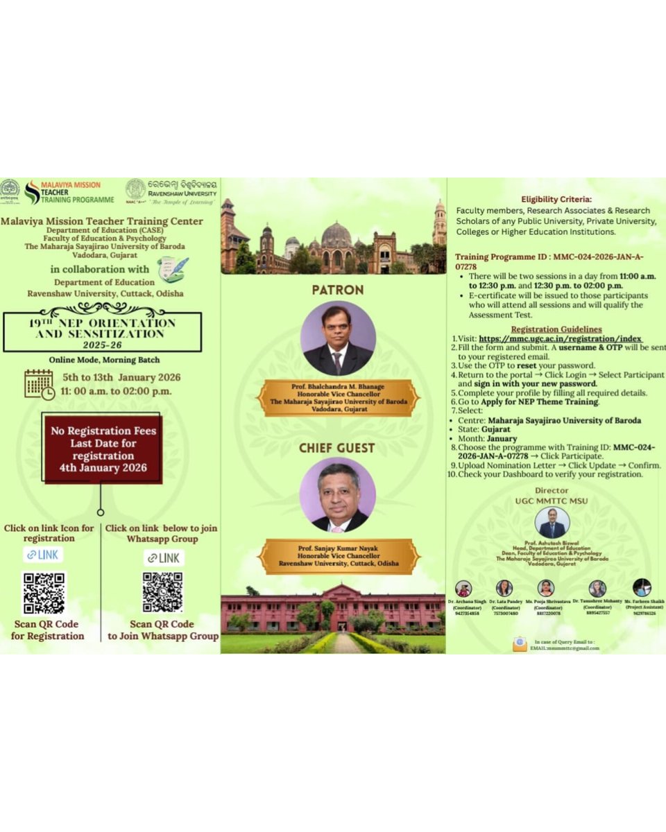 Themsubaroda's tweet image. The MSUB, with Ravenshaw University, hosts the 19th NEP Orientation &amp;amp; Sensitization Programme (2025–26) for faculty &amp;amp; research scholars.
 5–13 Jan 2026 | Online | 11 AM–2 PM
📌 Register by 4 Jan
#MSUBaroda #NEP2020 #FacultyDevelopment