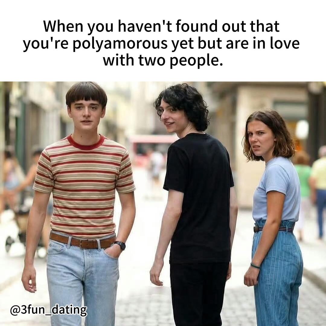 3fun_app's tweet image. As Stranger Things heads toward its finale on Jan 1, 2025, we couldn’t help but look back at Will, Mike, and El’s emotional triangle 👀… so we turned it into a little poly meme😹  Just for fun, don’t take it too seriously😉  #3Fun  #polyamory  #strangerthings  #poly #memes