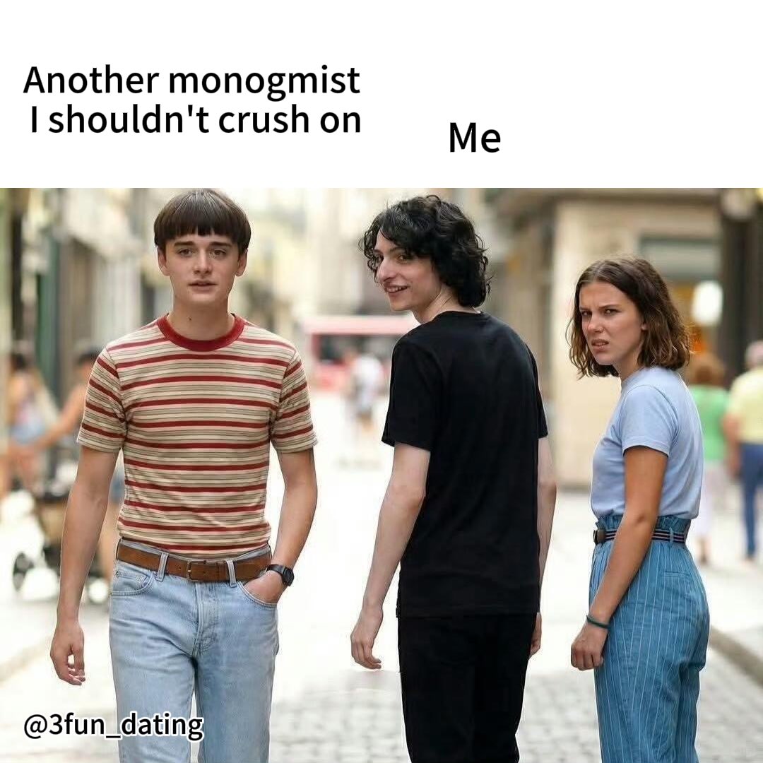 3fun_app's tweet image. As Stranger Things heads toward its finale on Jan 1, 2025, we couldn’t help but look back at Will, Mike, and El’s emotional triangle 👀… so we turned it into a little poly meme😹  Just for fun, don’t take it too seriously😉  #3Fun  #polyamory  #strangerthings  #poly #memes