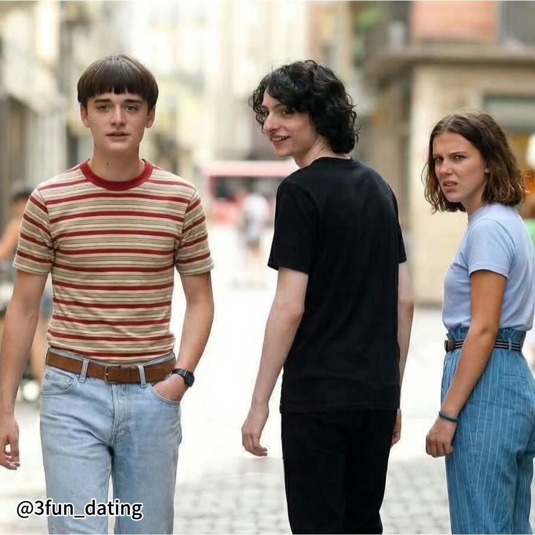 3fun_app's tweet image. As Stranger Things heads toward its finale on Jan 1, 2025, we couldn’t help but look back at Will, Mike, and El’s emotional triangle 👀… so we turned it into a little poly meme😹  Just for fun, don’t take it too seriously😉  #3Fun  #polyamory  #strangerthings  #poly #memes