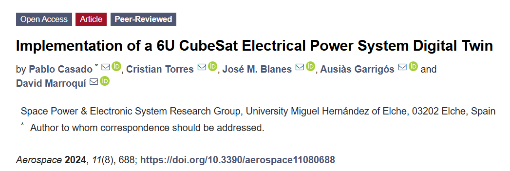 Aerospace_MDPI's tweet photo. 👉This paper presents the design of a digital twin for a 6U CubeSat electrical power system, including the solar arrays, solar array regulators, battery, power distribution unit, and load subsystems:
https://t.co/xHtXliYoOS

#CubeSat 
#DigitalTwin 
#ElectricalPower 
#SolarArray https://t.co/vV37XOT1fh