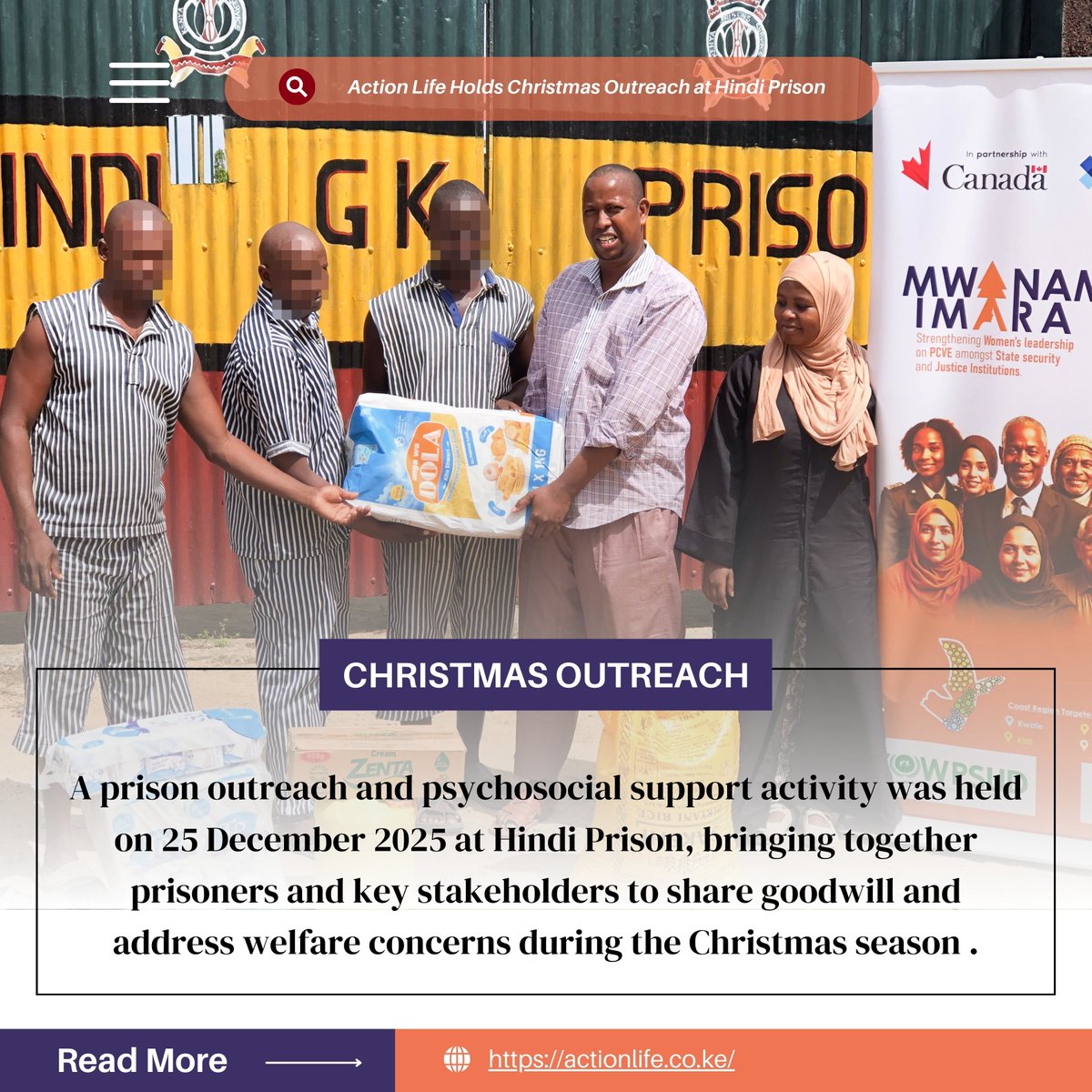 actionlife_Ke's tweet photo. Hope and dignity behind bars
On 25 Dec 2025, Action Life Kenya & Search for Common Ground, with support from the Canadian Embassy, held a Prison Outreach at Hindi Prison under the #MwanamkeImara Program—offering psychosocial support, dialogue, and renewed hope.
#PrisonOutreach https://t.co/lbSVEzfXgh