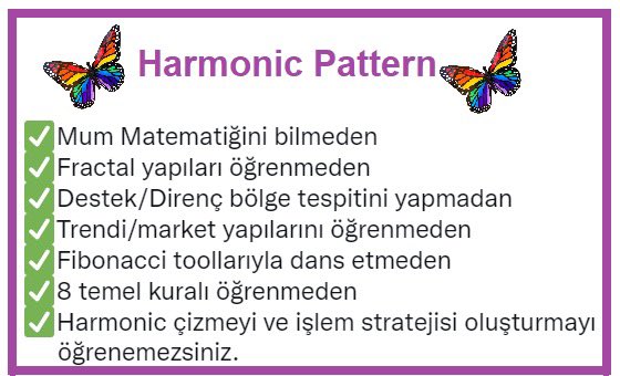 Günaydın Arkadaşlar..🦋🦋🦋
Hem Arkadaşın sorduğu soruyu yanıtlamış olalım, hem de son zamanlarda harmonic pattern üzerine yapılan paylaşımlara Eğitimsel bir bakışta bizden olsun.
🦋Harmoniclerin hangi paritede ve zaman dilimindeki başarısını mutlaka kendiniz harmonic kurallarına