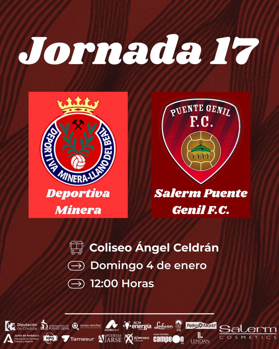 🗺️ 𝗝𝗢𝗥𝗡𝗔𝗗𝗔 𝟭𝟳

🆕 Empezamos el 2026 visitando el Coliseo Ángel Celdrán.

🆚 <a href="/DeportivaMinera/">Club Deportiva Minera</a> 
📅 Domingo 4 enero
⏰ 12:00 H
🏟️ Coliseo Ángel Celdrán

#SubimosJuntosSeguimosJuntos | #VamosRojillos