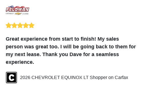 We just received a great review on Carfax. Thank you 2026 CHEVROLET EQUINOX LT Shopper!