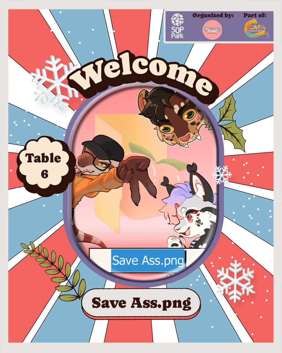 CreatorsParty's tweet photo. Hai Fuzzies! 🐾
Sudah siap belum nih buat CAFA Winter Special 2026? ✨ ❄️

Exhibitor selanjutnya yang bakal memeriahkan acara kita: Save Ass.png!

#CAFA #CreatorsAnthroFair #furry #furrycommunity #furryindonesia #furrymarket #CreatorsParty #MisaelProject https://t.co/Y9zsy8Jbgz