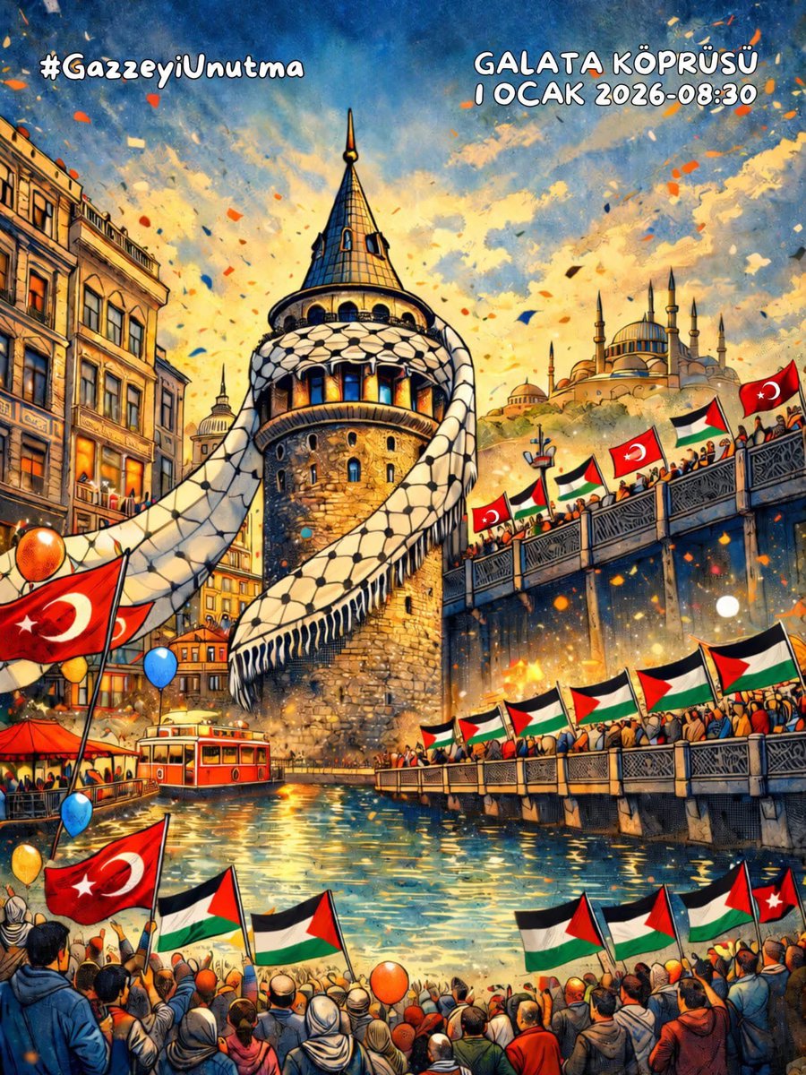 🇹🇷🇵🇸Sinmiyoruz, susmuyoruz,
Filistin’i unutmuyoruz!
Yeni yılın ilk ışıklarında; uyumak, unutmak, alışmak yok. Gazze’nin sesini Galata Köprüsü’nden dünyaya duyuracağız. Mazlumun yanında, zalimin karşısında dimdik durmak için
🗓️ 1 Ocak 2026
⏰ 08.30
📍 Galata Köprüsü
#Gazze