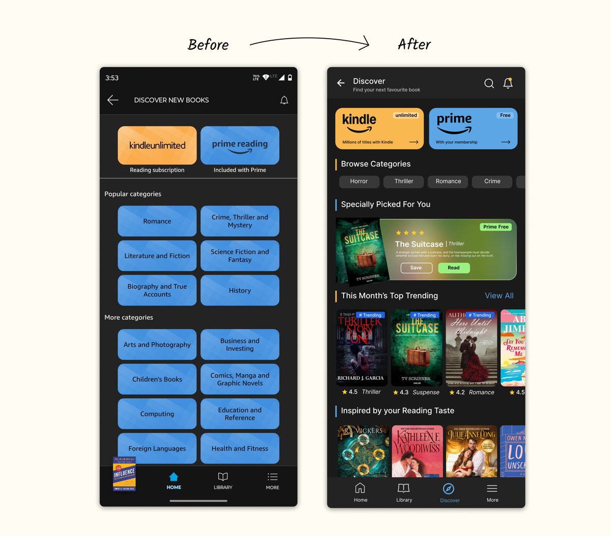 sadhna_designs's tweet photo. Finding a book shouldn’t feel like searching a database.

So I asked myself:
👉 What if book discovery felt like walking into a bookstore that knows your taste?

#UXDesign #UIUX #CaseStudy #ProductDesign #DesignWithEmpathy #MobileUX https://t.co/MwJPAu2iW7