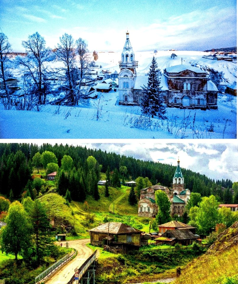 Пермская глубинка. Старинный посёлок Кын в конце декабря и в начале июля.