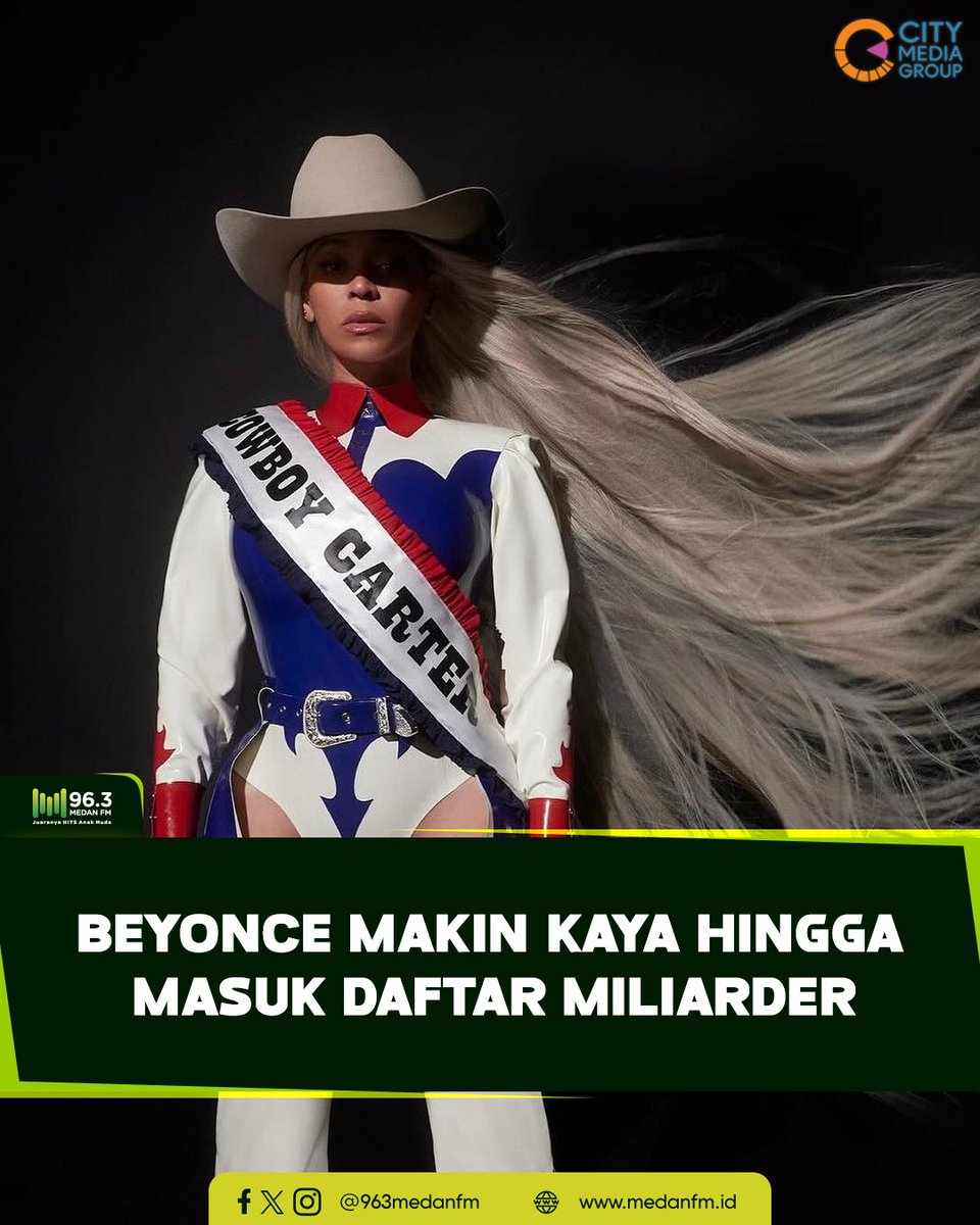 Penyanyi Beyonce resmi naik kelas ke level yang cuma bisa dijangkau segelintir musisi dunia.

bit.ly/4jiR6e4

Sumber: detik.com
#medanfmnews #medanfmmakinhits
#beyonce #cowboycarter
#forbes
