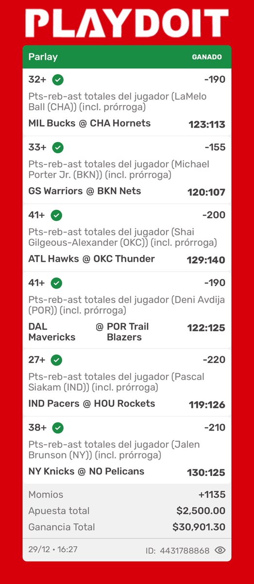 $2500 más entre los RT Y ❤️ 

$30,000 más a la bolsa en el grupo PREMIUM ALV 🤯🐨

Este PARLAY es para mandarlo a enmarcar 🖼️🏀, se ve fácil pero no lo es 

Lo que estamos haciendo es una maldita locura , ganando dinero por todos lados y cerrando el año con 🍒

LA KOALANETA 🐨🚍