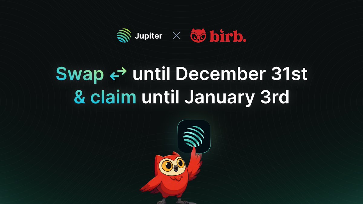 1 DAY LEFT! 🚨

Moonbirds x Jupiter campaign ends tomorrow

Swap 1x on Jupiter Mobile until Dec 31 to qualify for the exclusive <a href="/moonbirds/">Moonbirds</a> SBT

Claim window open until Jan 3. 

Don't fade this, birbs!