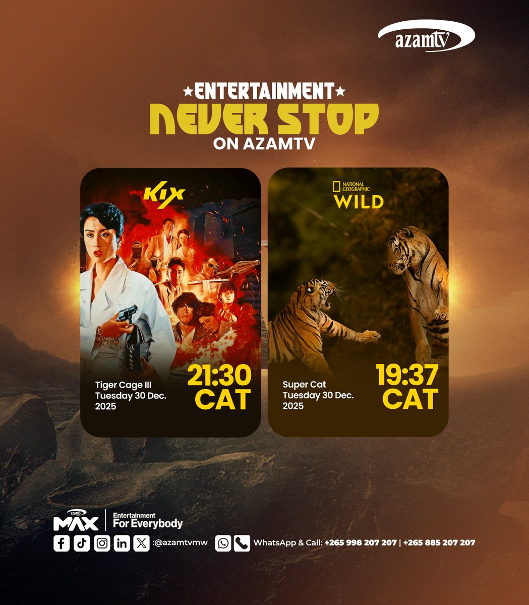 Azamtv_MW's tweet image. 📺✨ AZAM TV ENTERTAINMENT
🎥 Nat Geo Wild 🌍💚 Untamed nature
🎬 Movies packed with action &amp;amp; drama
👉 Reconnect &amp;amp; enjoy nonstop entertainment
#AzamTVMalawi #EntertainmentEverywhere #AzamMax