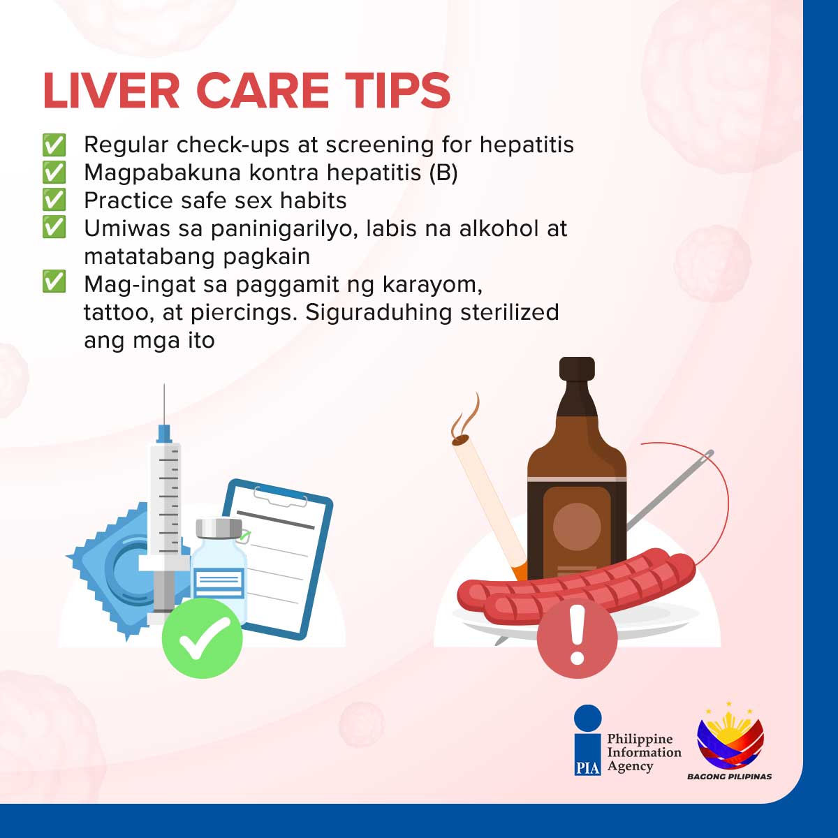 PIADesk's tweet image. Ngayong Liver Cancer and Viral Hepatitis Awareness and Prevention Month, alagaan at pahalagahan natin ang ating atay. Narito ang ilang mahahalagang kaalaman at paalala para sa mas malusog na pamumuhay.

#LiverCare #GetVaccinated #DOH #PIA #BagongPilipinas #IntegratedStateMedia