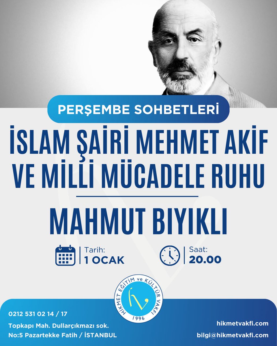 Perşembe Sohbetlerinde Bu Hafta

📷 Konuşmacı:
MAHMUT BIYIKLI

📷Konu :
İSLAM ŞAİRİ MEHMET AKİF VE MİLLİ MÜCADELE RUHU

📷Tarih:
1 Ocak Perşembe

📷Saat: 20.00