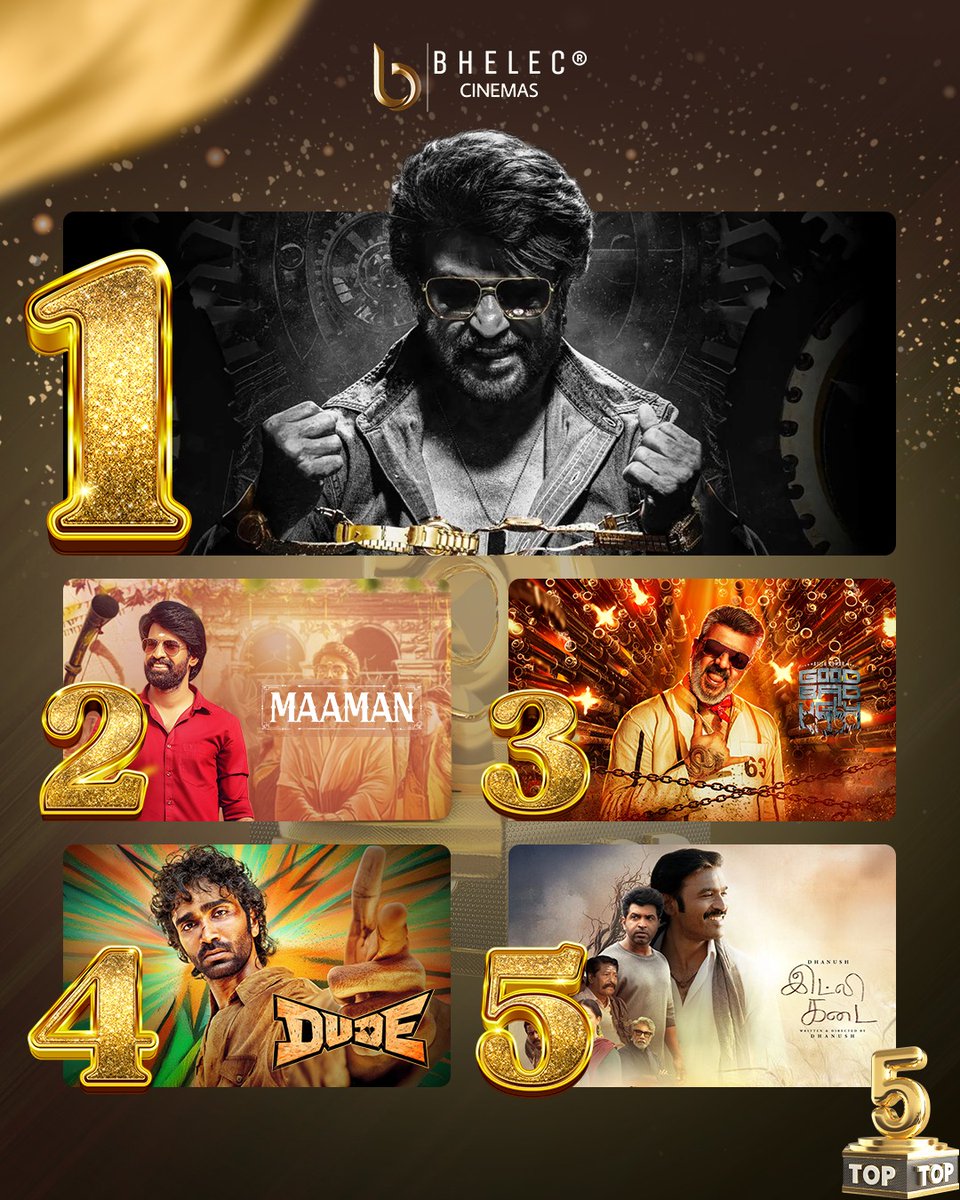 Top 5 Movies 2025 in your <a href="/BHELECcinemas/">B H E L E C Cinemas Trichy</a>!

1) #Coolie
2) #Maaman 
3) #GoodBadUgly 
4) #Dude
5) #Idlikadai