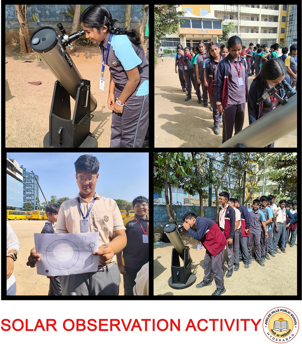 JHPS_SCHOOL's tweet photo. Jubilee Hills Public School, Hyderabad held a Solar Observation Activity on Nov 24-25. Students used solar filters for safe, hands-on astronomy learning.

#JHPSHyderabad
#SpaceLab
#SolarObservation
#AstronomyActivity
#StudentScience
#SpaceLabInitiative
#SolarObservationActivity https://t.co/JUpVCyNOb8