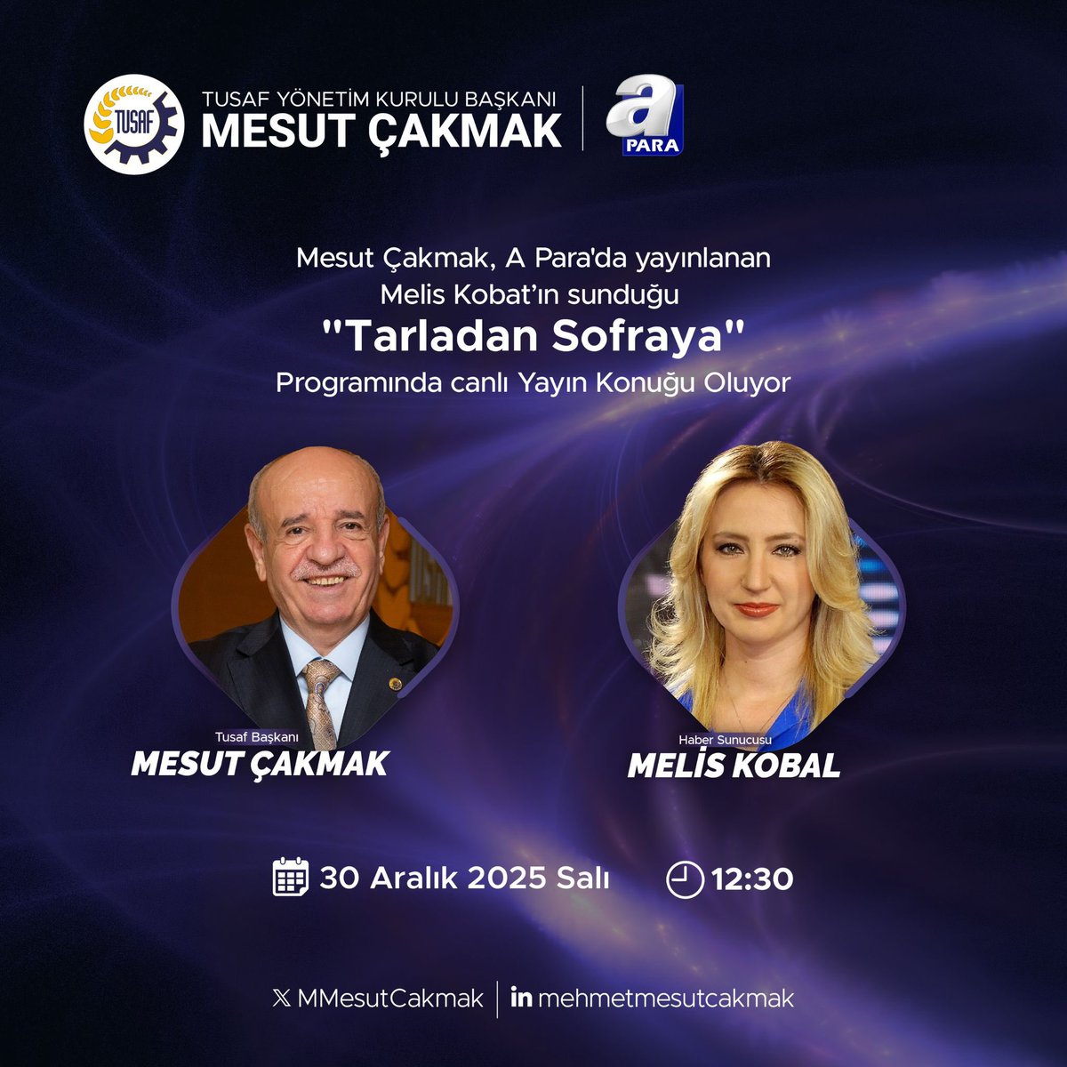 A Para’da yayınlanan, Melis Kobal’ın sunduğu “Tarladan Sofraya” programında, Beşler Grup ve TUSAF Yönetim Kurulu Başkanımız Mesut Çakmak canlı yayın konuğu oluyor.
Tarım, gıda ve üretimin tarladan sofraya uzanan sürecini tüm yönleriyle ele alacağız.

📅 30 Aralık Salı
⏰ 12:30