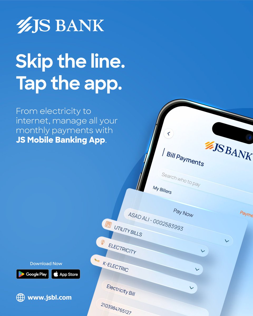 Skip the queues. Skip the hassle.
Pay your electricity, internet, and more in just a few taps with the JS Mobile Banking App.  

Download the JS Mobile App today: bit.ly/3Y8YAas

#JSBank #BarhnaHaiAagey #JSMobile