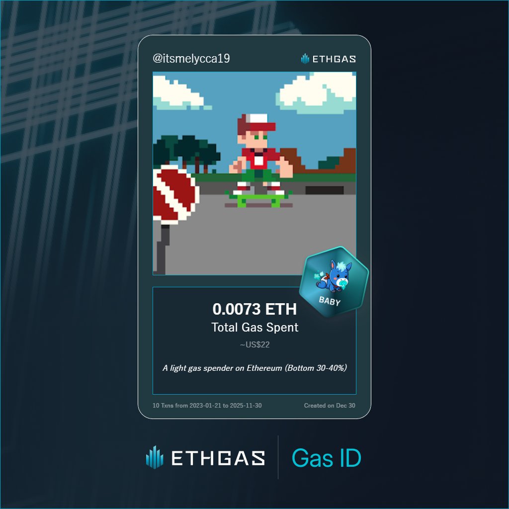itsmelycca19's tweet photo. Just unlocked my Gas ID via ETHGas 🪪

I'm a Baby Jack with 0.0073 ETH spent on gas since Beacon Chain - now fueling my climb to the Gasless Future and earned 2 Beans already. 

Reveal yours at https://t.co/1XKMLBUpsi https://t.co/chUk0bwQh7