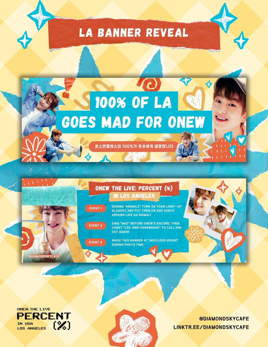 DiamondSkyCafe's tweet image. 🐰 Onew the Live: Percent in LA

[Banner Reveal]

💎 100% OF LA GOES MAD FOR ONEW
💎 로스앤젤레스의 100%가 온유에게 열광합니다

We’re officially approved by Griffin for our banners! Raise your banner during photo time! We will be passing out banners at the venue on the day of the…