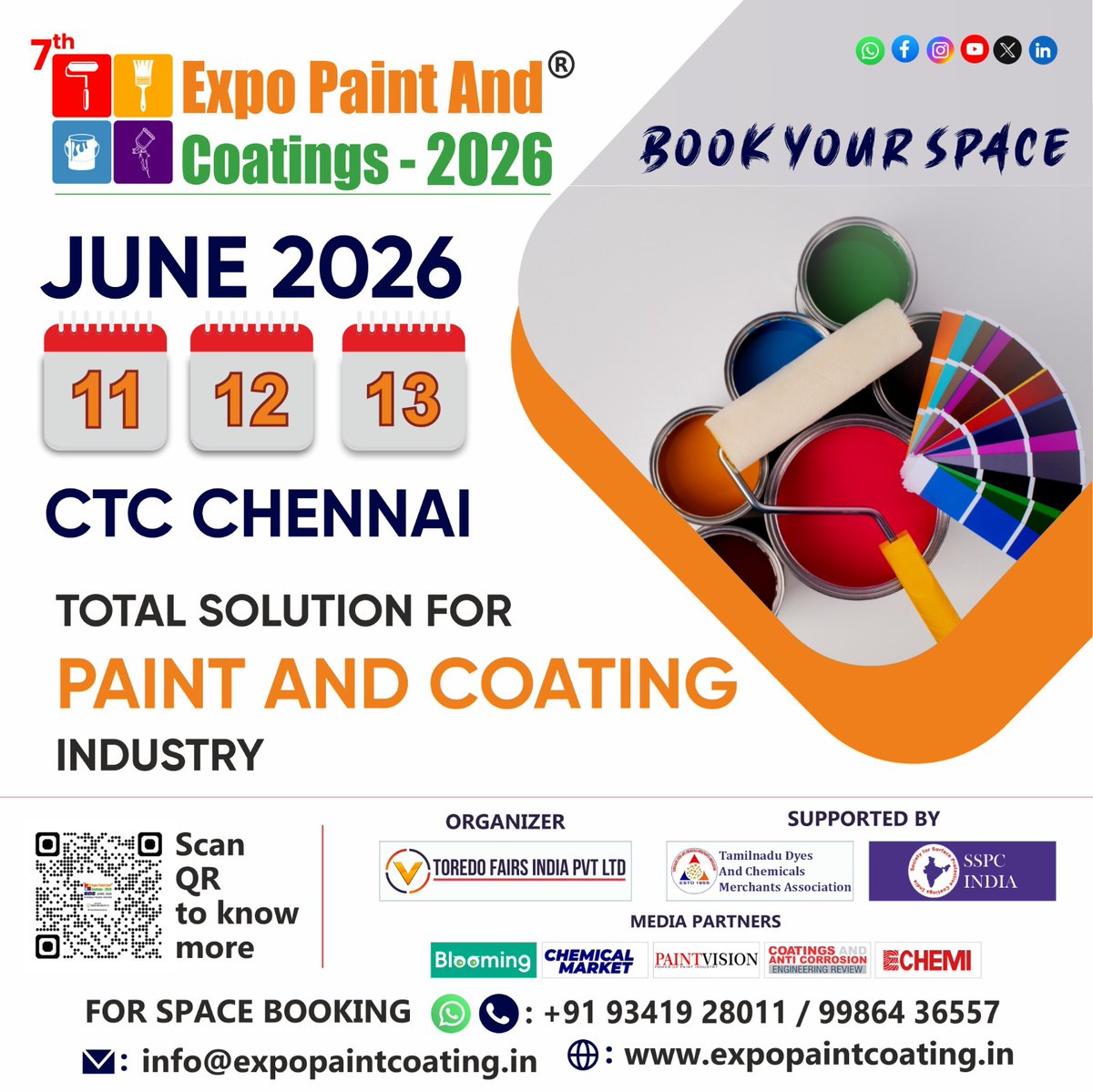 🌟Welcome to India’s Most Comprehensive and Premier Paint &amp; Coatings Show! The 7th Expo Paint &amp; Coatings 2026 is coming to the Chennai Trade Centre, Tamil Nadu from June 11–13, 2026 
🌐 expopaintcoating.in
#ExpoPaintAndCoatings2026 #toredofairs #epc2026 #expopaint #surfentech